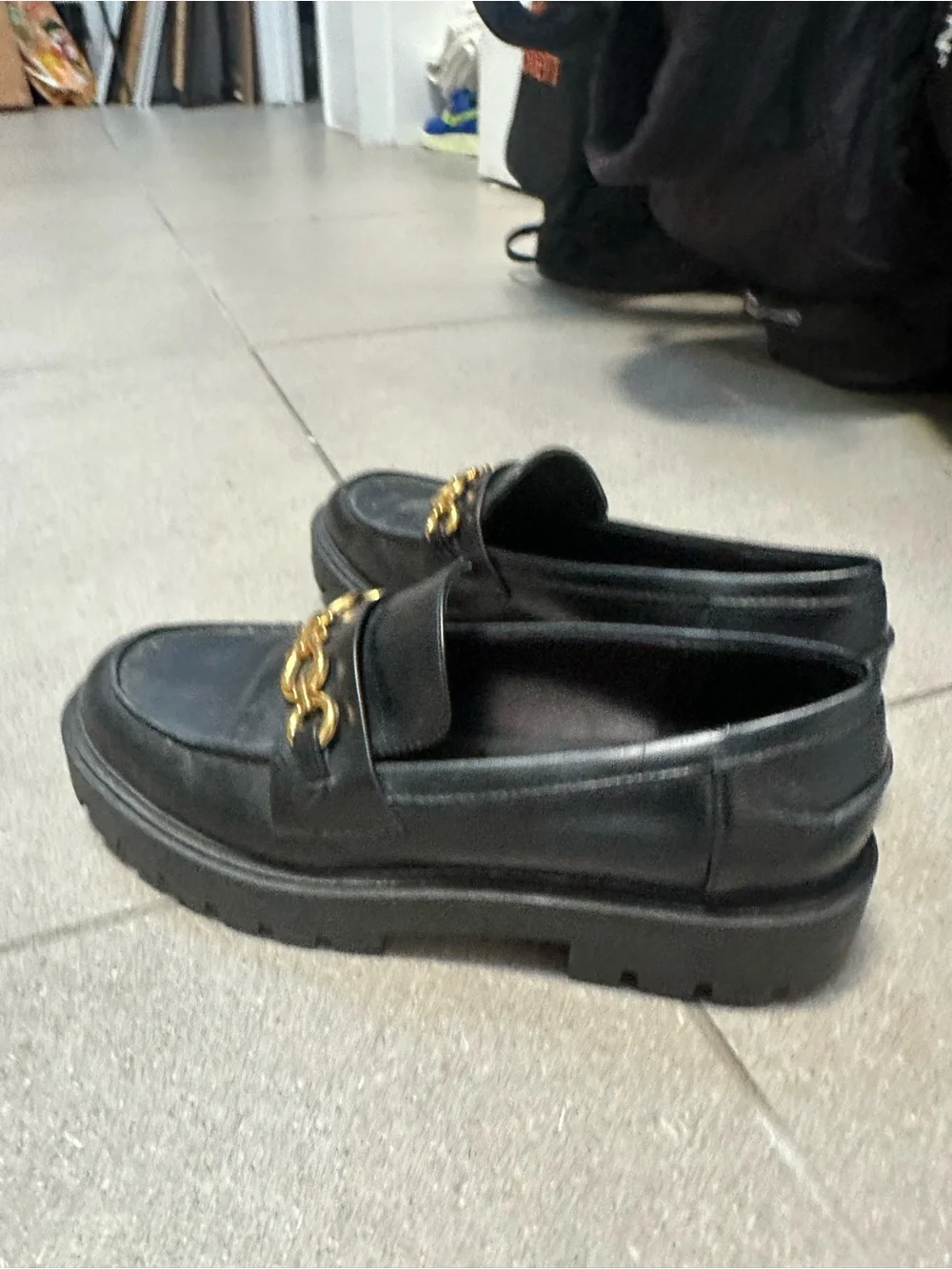 Black Leather Women's Loafers with Gold Chain Detail
